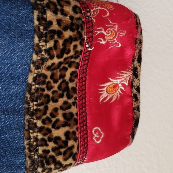 Nina Piccalino Cropped Denim Jacket w/Leopard & Asian Floral Trim Size 12 - Picture 4 of 7